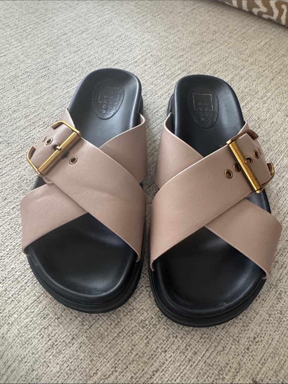 ShuShop Crisscross Slide Sandals with Gold Buckle in Taupe